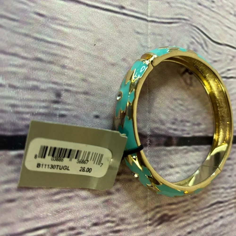 NWT Sequin for Nordstrom Turquoise Gold Color Enamel Hinged Bangle Bracelet